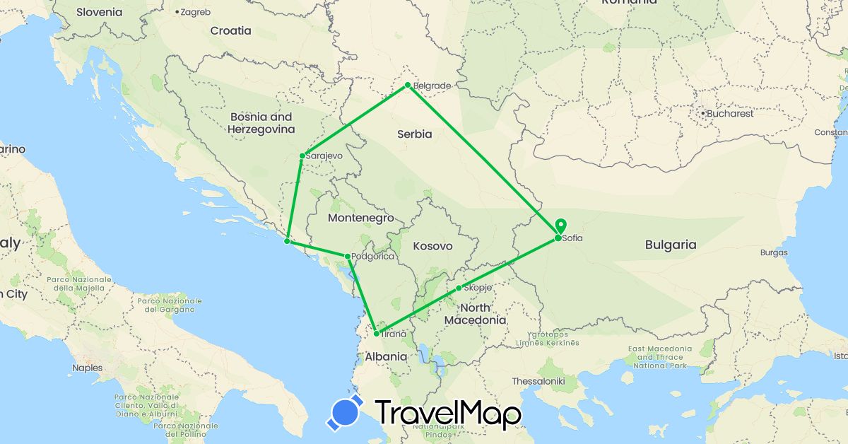 TravelMap itinerary: driving, bus in Albania, Bosnia and Herzegovina, Bulgaria, Croatia, Montenegro, Macedonia, Serbia (Europe)